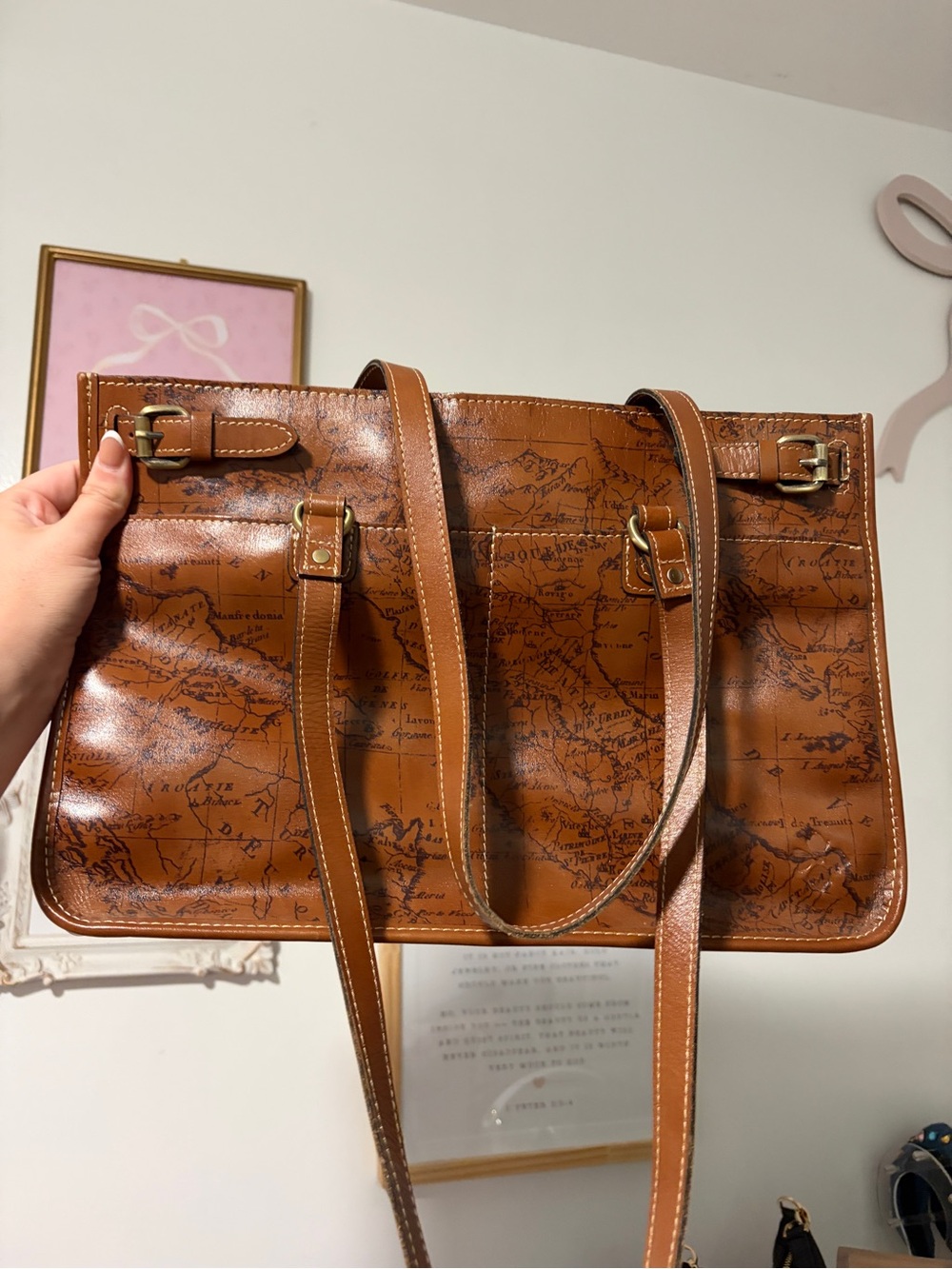 Patricia Nash Tan Map-Print Leather Olivenza Tote